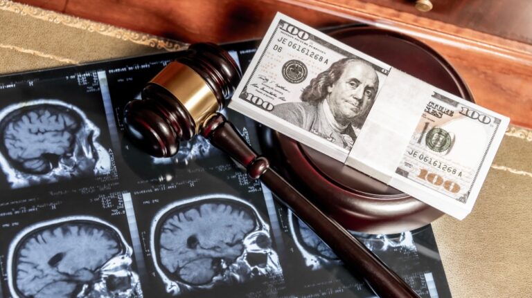 brain MRI images, a gavel, and US currency