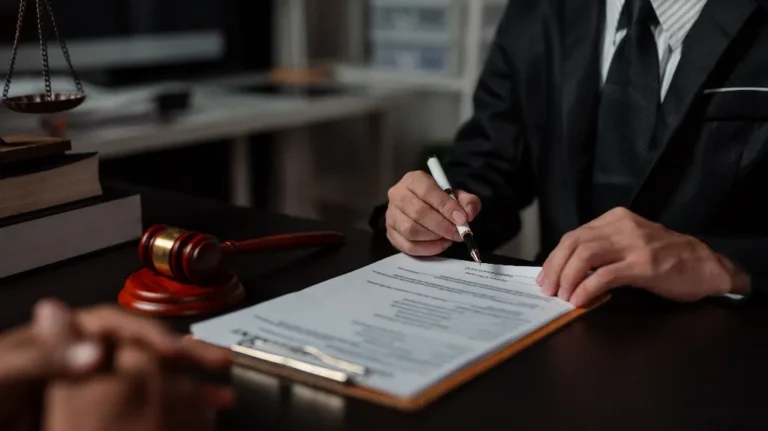 Person in formal suit signing legal document on clipboard with gavel and scales of justice nearby.